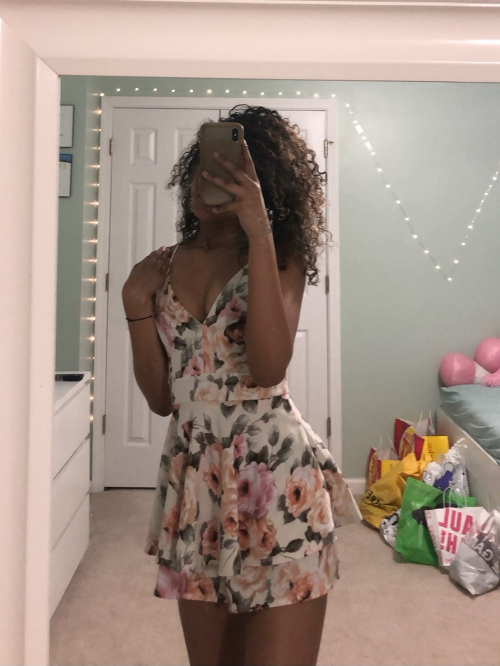 windsor floral v-neck spaghetti strap romper in blush and cream